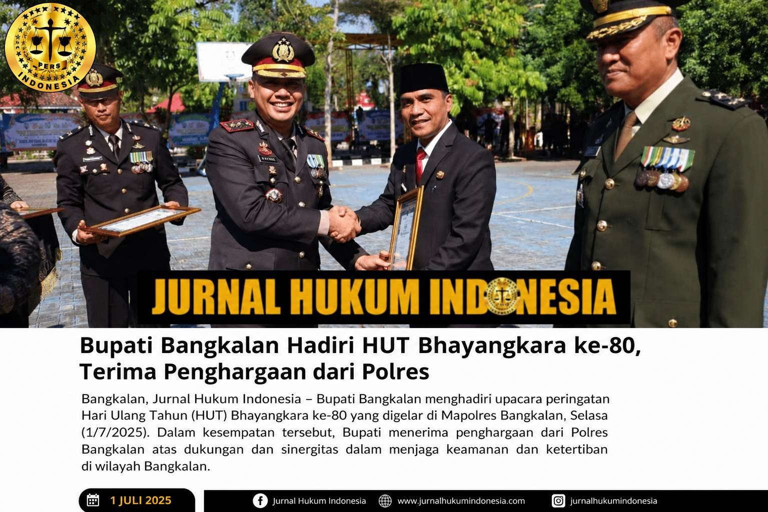 Bupati Bangkalan Hadiri HUT Bhayangkara ke-80, Terima Penghargaan dari Polres