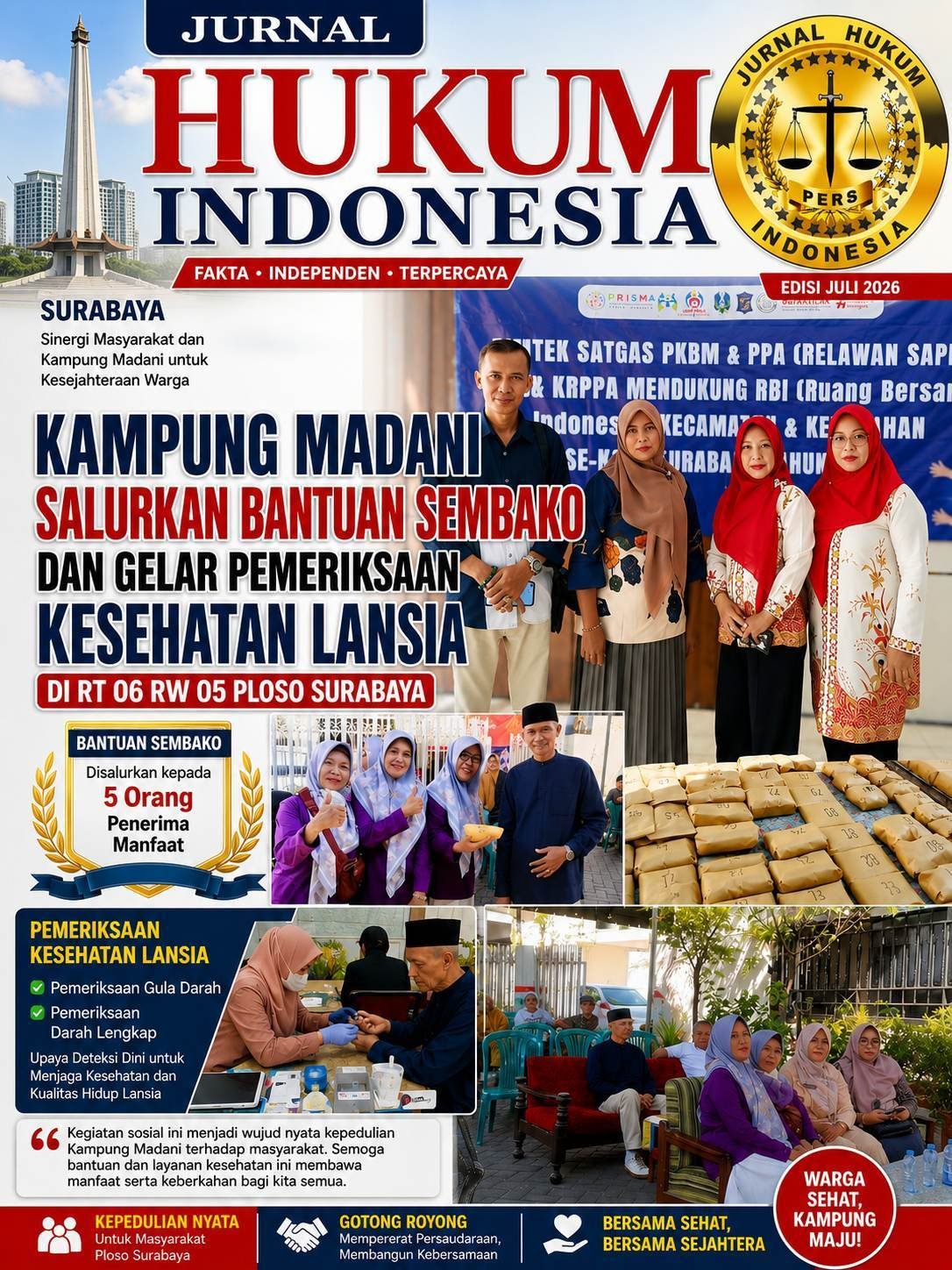 Kampung Madani Salurkan Bantuan Sembako dan Gelar Pemeriksaan Kesehatan Lansia di RT 06 RW 05 Ploso Surabaya